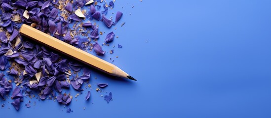 Poster - Close-up view of a blue pencil, shavings, crumbs, and sharpener arranged on a violet background with copy space image available.