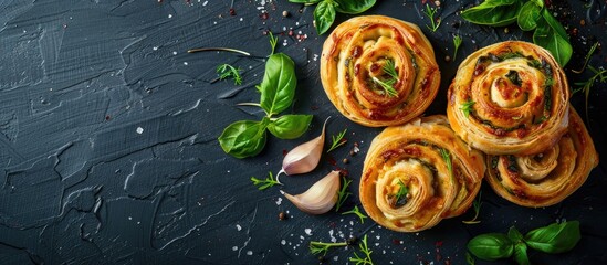 Poster - Cheese scrolls with garlic and greens, homemade, displayed in a tempting manner in a copy space image.