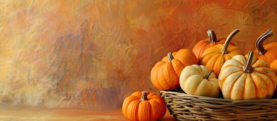 Wall Mural - Autumn-themed image featuring a basket of assorted pumpkins with a blank space for text or graphics. with copy space image. Place for adding text or design