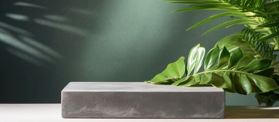 Poster - A gray stone podium on a green backdrop with shadows of tropical leaves, ideal for showcasing products, beauty, or eco-friendly cosmetics with copy space image.