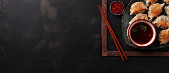 Poster - Dark slate backdrop with chopsticks next to prawn gyozas in a top-down view, featuring a typical Asian dish with ample copy space image.