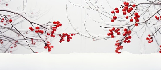 Poster - Winter-themed Christmas setting featuring tree branches, red berries, and a white background, ideal for a copy space image.