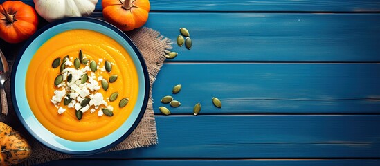 Aufkleber - A top view of pumpkin soup puree served in a blue plate on a wooden table. Decorated with slices of pumpkin and seeds, allowing for copy space in the image.