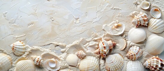 Aufkleber - Top view of seashells on sandy beach creating a textured background with space for text. Ideal for a summer vacation theme, with neutral colors and a focused composition. with copy space image
