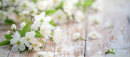 Poster - Soft white wooden board with delicate white flowers, small green leaves, and a blurred background in a macro shot, allowing for copy space image.