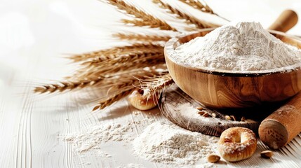 Wall Mural - Bowl of flour with wheat stalks on a rustic wooden table, bread roll, rolling pin, and a scattering of flour, perfect for bakery and cooking themes.