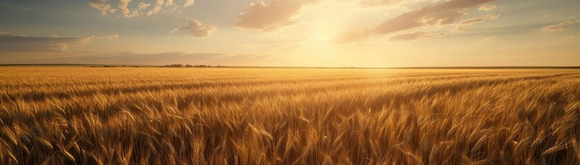 Scenic golden wheat field illuminated by a warm sunset, leading to a serene and tranquil horizon under a partly cloudy sky.