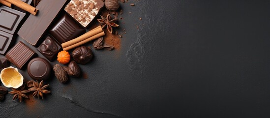 Poster - Various types of chocolate displayed in a flat lay arrangement on a gray background, providing ample space for text in the image.