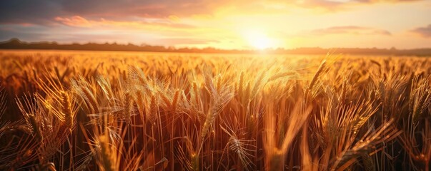 Wall Mural - Golden wheat field bathed in the warm light of the setting sun, capturing the serenity and beauty of rural landscapes during harvest season.