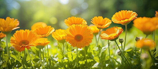 Leinwandbilder - Calendula flowers blooming in sunlight with a green natural background in a summer setting, perfect for a copy space image.