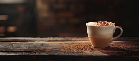 Poster - Hot latte or cappuccino served with milk on a wooden table, featuring a dark background and ample copy space image.