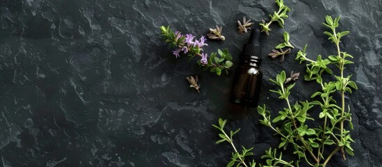 Leinwandbilder - Thyme essential oil displayed on black table with copy space image.