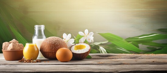 Poster - Breakfast table with a boiled egg, raisin and coconut muffin, fruit juice, and honey on a wooden background with copy space image available.