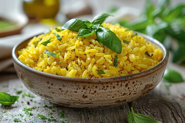 Wall Mural - A bowl of yellow rice with green herbs on top