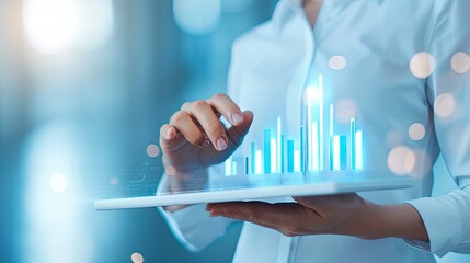 Business professional using futuristic digital tablet interface with data charts, representing growth and analytics in a modern technology setting.