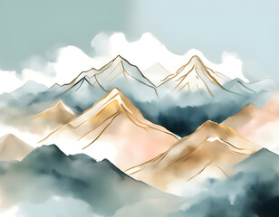 Soft pastel color watercolor abstract brush painting art of beautiful mountains, mountain peak minimalism