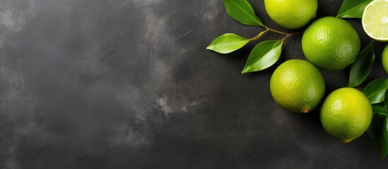 Fototapete - Top view of fresh ripe limes on a dark stone surface with a blank area for text or images, known as a copy space image.