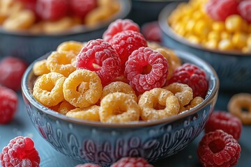 Wall Mural - A bowl of fruit with raspberries and a yellowish cereal