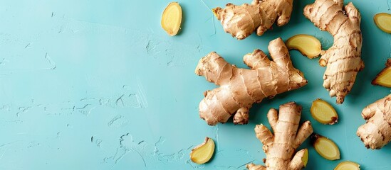 Wall Mural - fresh ginger Isolated on pastel background  Food  Isolated. with copy space image. Place for adding text or design