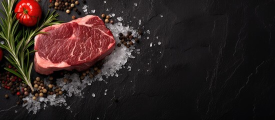 Fototapete - A top-down view showcasing a raw organic beef steak sprinkled with salt on a dark surface of black slate, stone, or concrete, complemented by a blank area ideal for adding text or images