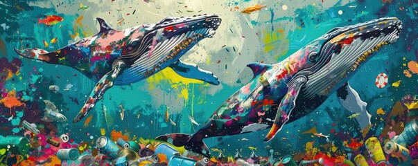 Colorful whales swimming underwater with vibrant ocean life, depicting the beauty and diversity of marine ecosystems in a digital painting.