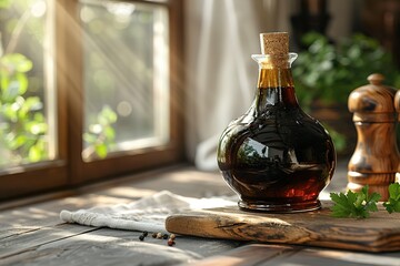 A bottle of dark brown liquid sits on a wooden cutting board