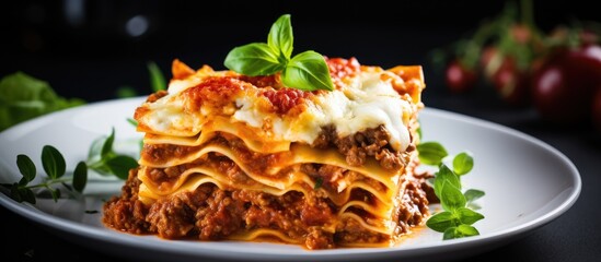 Fototapete - Close-up view of homemade Italian lasagna with bolognese, cheese, and basil on a white plate, ideal for a copy space image.