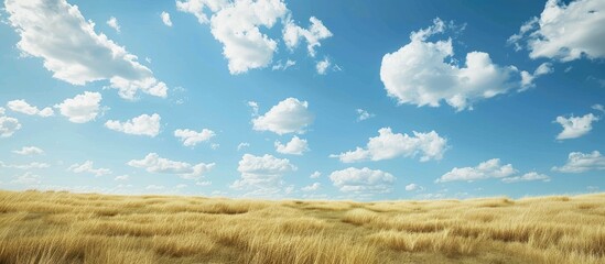 Poster - Capturing a serene landscape of a clear blue sky adorned with fluffy white clouds above a field of golden dry grass, ideal for a natural background with empty space for text or images. Ideal for