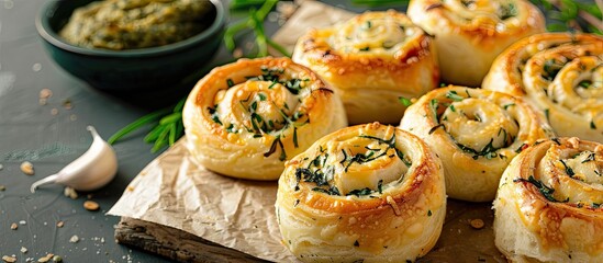 Aufkleber - Cheese scrolls with garlic and greens, homemade, displayed in a tempting manner in a copy space image.