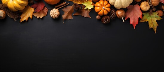 Fototapete - Flat lay arrangement on a textured black background featuring pumpkins, tree leaves, and hazelnuts with crayons for drawing, embodying fall, autumn, and Thanksgiving themes, leaving room for a copy