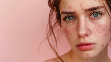 Aufkleber - A close-up portrait of a young woman with acne on her face. She is looking directly at the camera with a sad expression. The image is taken against a pink background. Generative AI