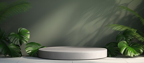 Poster - A gray stone podium on a green backdrop with shadows of tropical leaves, ideal for showcasing products, beauty, or eco-friendly cosmetics with copy space image.