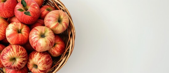 Wall Mural - View from above of a wicker basket filled with ripe apples on a white background, providing ample copy space image.