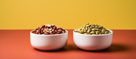 Poster - Bowls containing red and white beans along with green and red lentils, set against a plain background providing a copy space image.