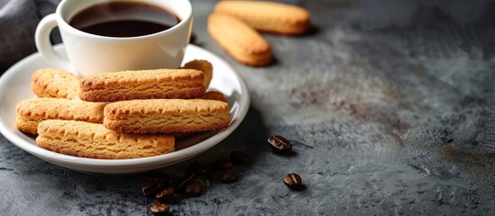 Leinwandbilder - Italian Savoiardi ladyfingers biscuits and a cup of coffee displayed on a concrete background with copy space image.