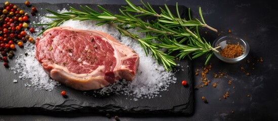 Fototapete - Uncooked pork steak seasoned with pepper, garlic, and rosemary on a wooden cutting board over a gray stone background, providing copy space in the image.