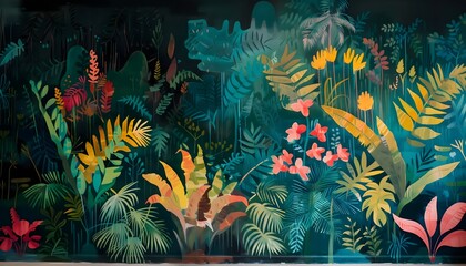 An abstract and colorful jungle mural