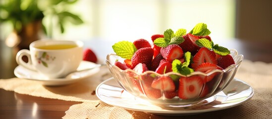 Leinwandbilder - Fresh strawberry fruit salad paired with a cup of green tea makes for a nourishing meal with a vibrant and natural charisma in the copy space image.