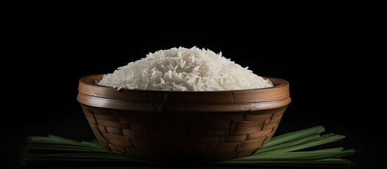 Aufkleber - Bamboo basket with raw Basmati rice on black background, featuring copy space image.