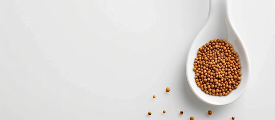 Aufkleber - Brassica hirta mustard seeds in a white spoon on a white background in a studio shot with soft lighting. Top view with copy space image available.
