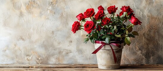 Wall Mural - Red roses in a pot with a ribbon on a wooden table against a light backdrop with copy space image.