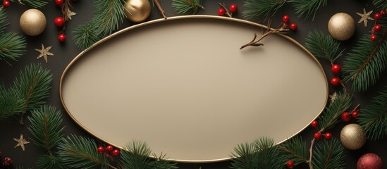 Poster - Merry Christmas and Happy New Year background featuring an oval frame with space for text. Top view for a flat lay image. with copy space image. Place for adding text or design