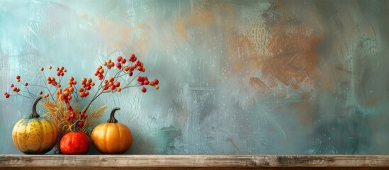 Leinwandbilder - Colorful pumpkins in a modern autumn-themed decoration on a wooden shelf and background with a stylish design and copy space image.