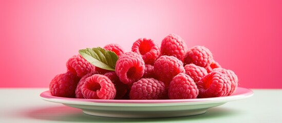 Leinwandbilder - Close-up shot of fresh red raspberries on a pink plate against a light background, illustrating a healthy eating concept with ample copy space image.