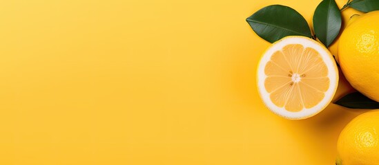 Aufkleber - A lemon fruit on a yellow background in a flat lay, top view with ample copy space for customization.
