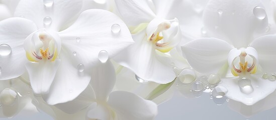 Aufkleber - Glistening raindrops on white orchid petals in sunlight, showcasing flower head, buds, and a clear background for a copy space image.