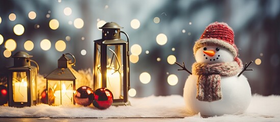 Sticker - Selective focus and toning highlighting a snowman, candle-lit lamp, and Christmas decoration on a wooden table with copy space image.