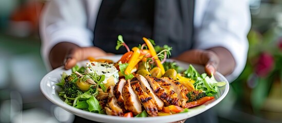 Aufkleber - A man displaying a nutritious chicken salad with vegetables and yogurt dressing, highlighting the concept of healthy eating, against a backdrop with room for additional content or text.