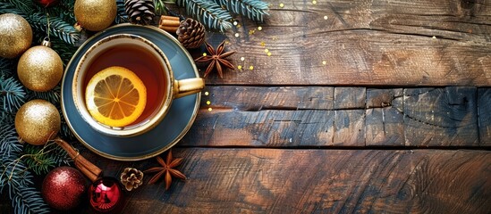 Aufkleber - Rustic wooden table decorated with Christmas ornaments, featuring a cup of tea garnished with lemon and cinnamon spice, offering copy space image.
