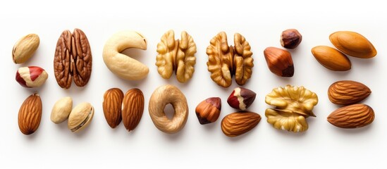 Aufkleber - Top view of assorted nuts situated on a white background with room for text or images. with copy space image. Place for adding text or design